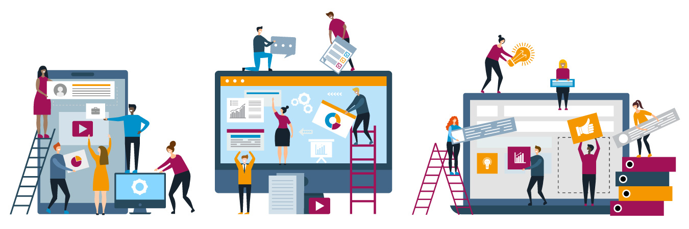 Illustration of a team updating a website with ladders, charts and interface elements.